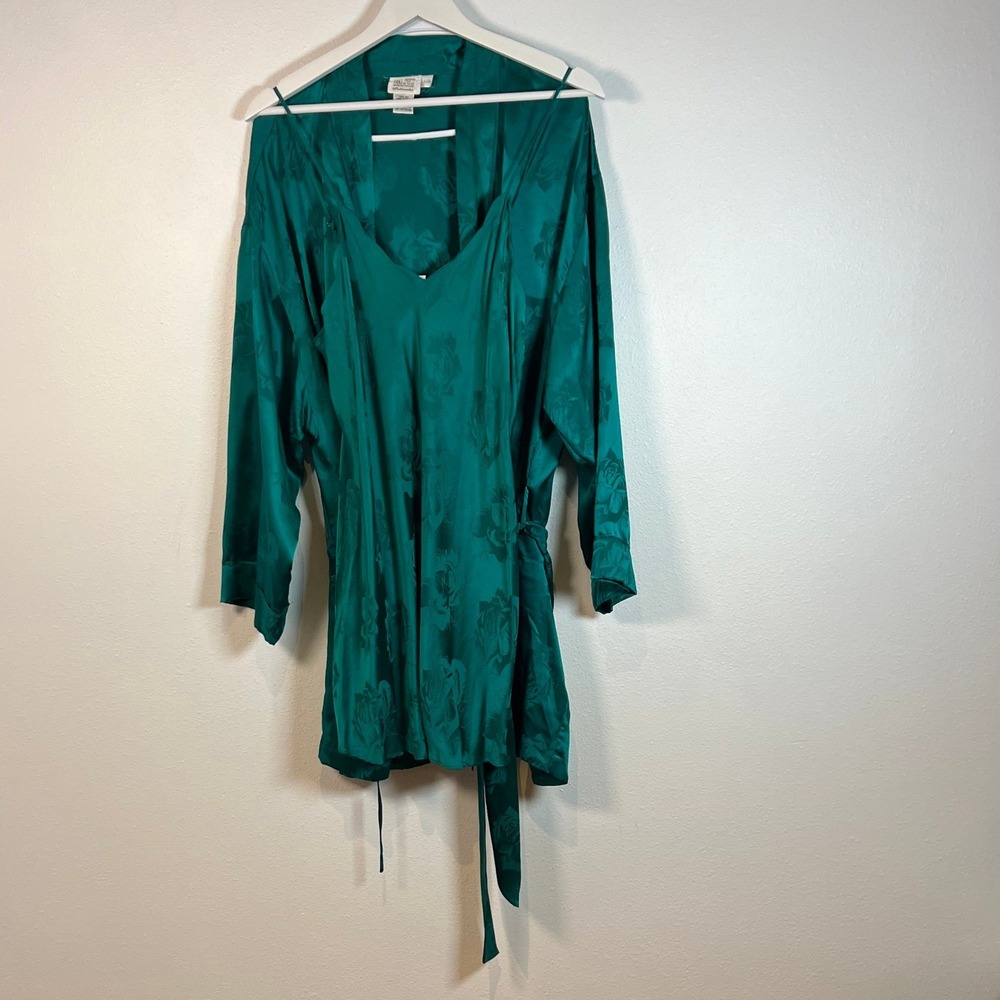 Vintage 100% Silk Slip Dress & Robe Set Emerald Green Floral Print Size M